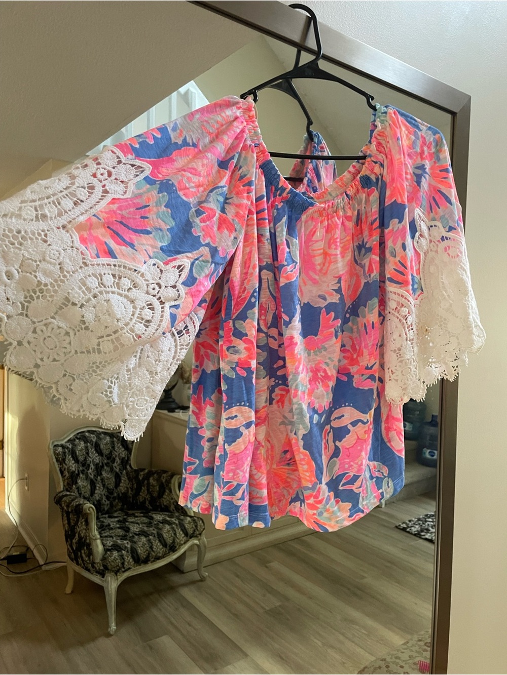 Lilly Pulitzer Pink & Blue Floral Off-Shoulder Top with White Lace Sleeves